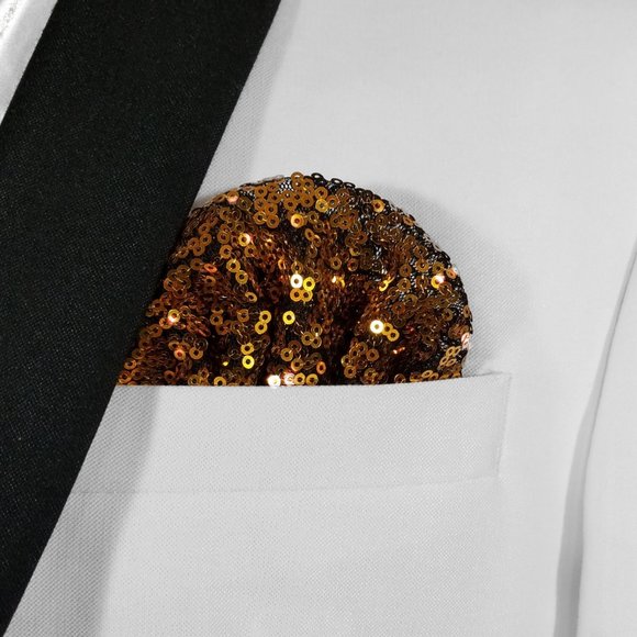 Men's Sequin Pre-Folded Pocket Square Insert - Dark Gold on Black - Picture 1 of 7